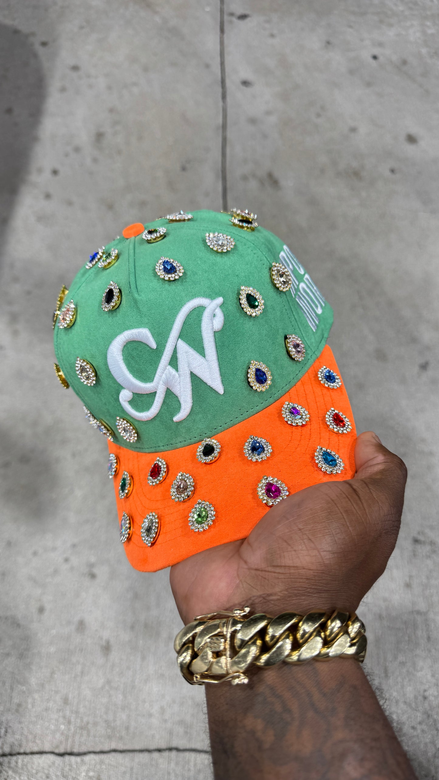GREEN AND ORANGE STONED "CAPONE WORLD" SNAPBACK A-FRAME