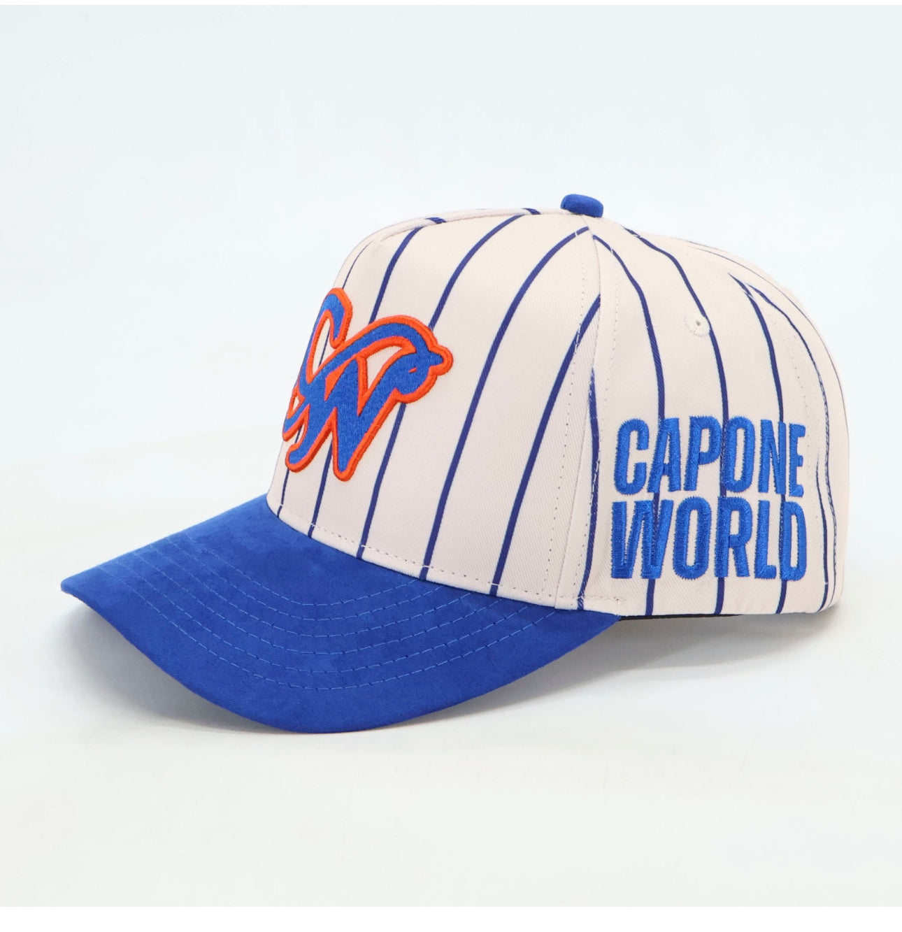PINSTRIPE ROYAL BLUE & ORANGE “CAPONE WORLD” SNAPBACK A-FRAME