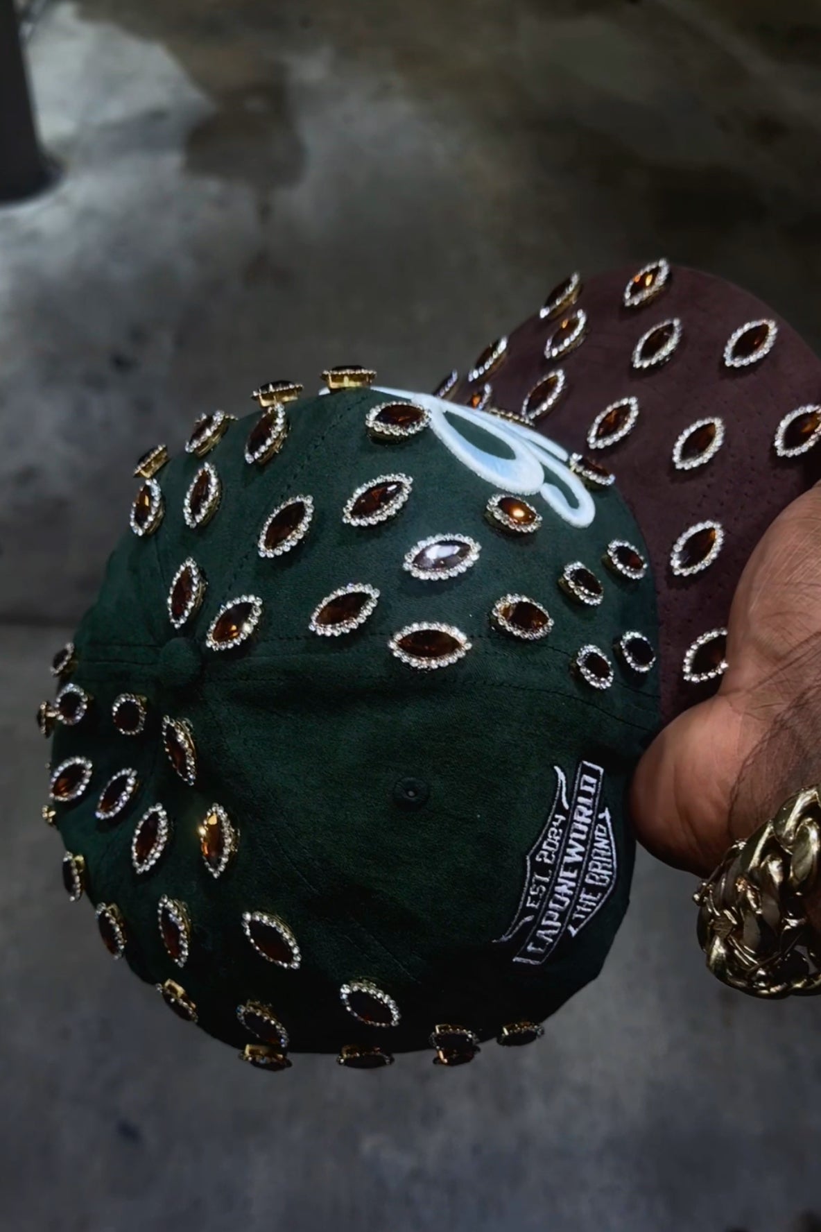 LIMITED EDITION FOREST GREEN & BROWN LUXURY MARQUISE GEMS “CAPONE WORLD” SNAPBACK A- FRAME.