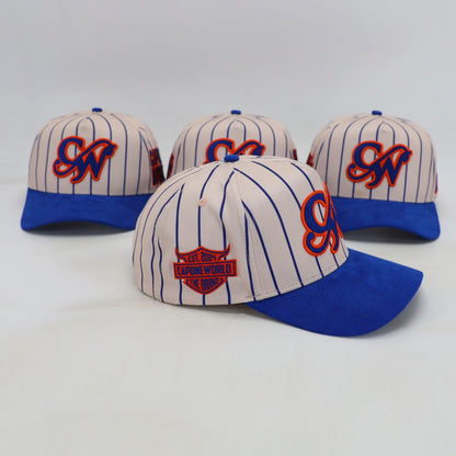 2 LAYER STONED TEAR DROP PINSTRIPE ROYAL BLUE & ORANGE “CAPONE WORLD” SNAPBACK A-FRAME