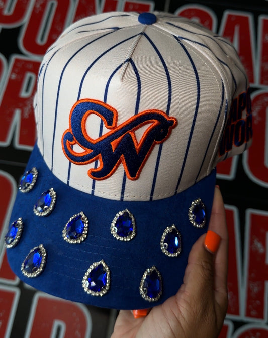 OVERSIZED GEM 💎 PINSTRIPE ROYAL BLUE & ORANGE “CAPONE WORLD” SNAPBACK A-FRAME