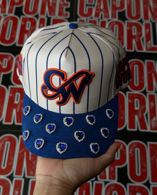 HEART OF STONE PINSTRIPE ROYAL BLUE & ORANGE “CAPONE WORLD” SNAPBACK A-FRAME