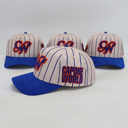 2 LAYER STONED TEAR DROP PINSTRIPE ROYAL BLUE & ORANGE “CAPONE WORLD” SNAPBACK A-FRAME