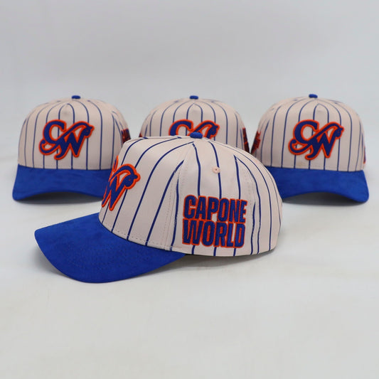 OVERSIZED GEM 💎 PINSTRIPE ROYAL BLUE & ORANGE “CAPONE WORLD” SNAPBACK A-FRAME