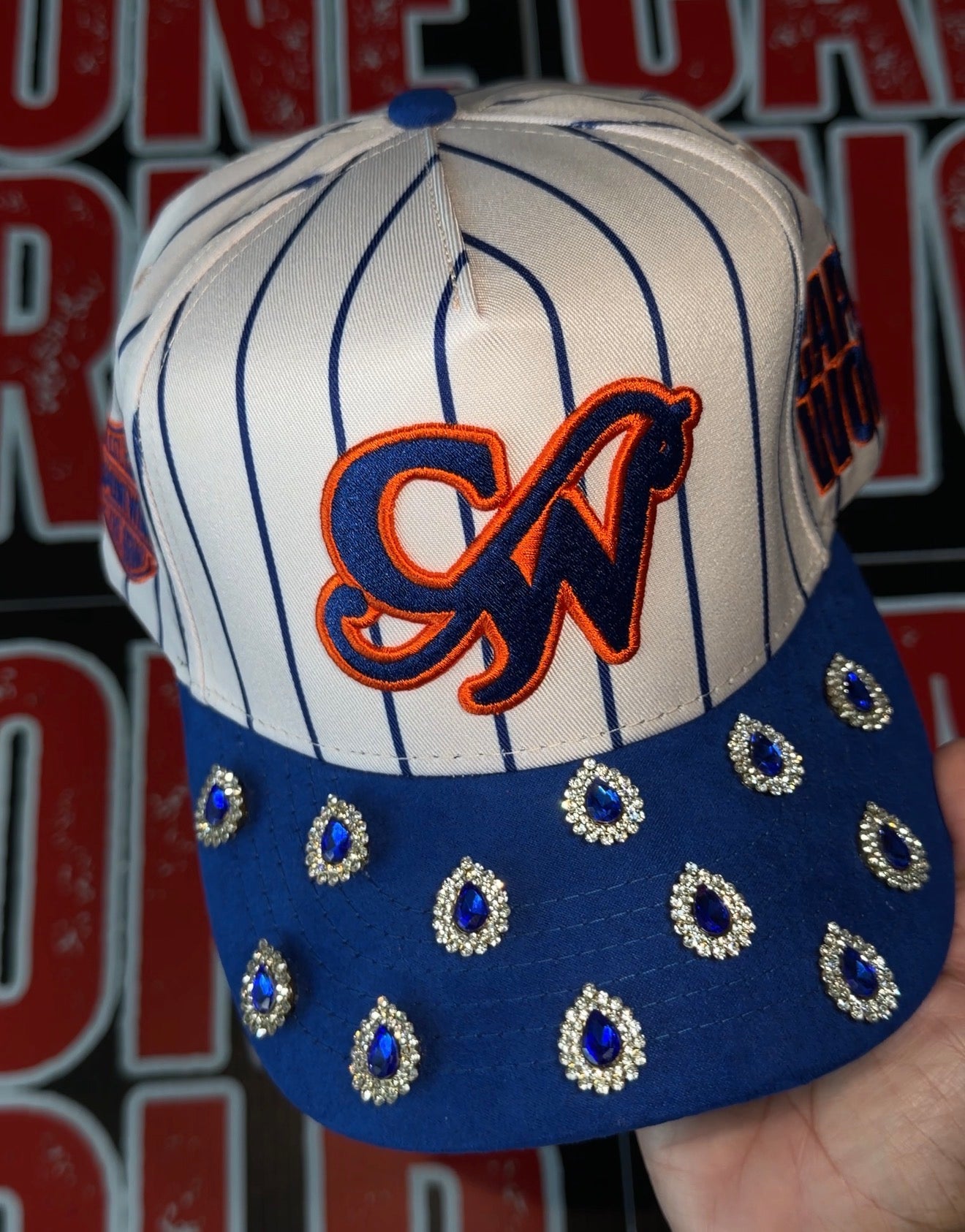 2 LAYER STONED TEAR DROP PINSTRIPE ROYAL BLUE & ORANGE “CAPONE WORLD” SNAPBACK A-FRAME
