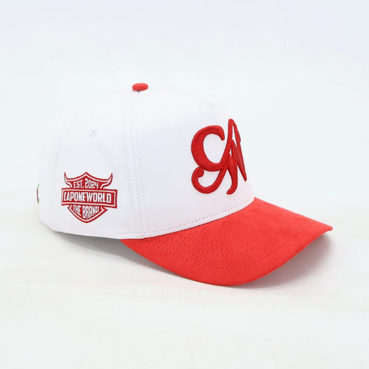 RED AND WHITE  “CAPONE WORLD” SNAPBACK A-FRAME