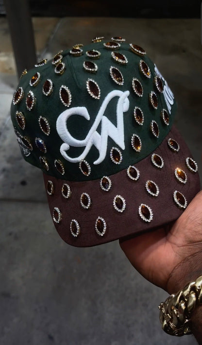 FOREST GREEN & BROWN LUXURY MARQUISE GEMS “ CAPONE WORLD” SNAPBACK A- FRAME.
