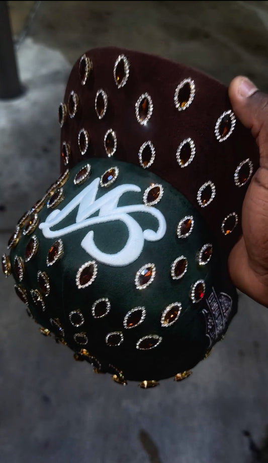 FOREST GREEN & BROWN LUXURY MARQUISE GEMS “ CAPONE WORLD” SNAPBACK A- FRAME.