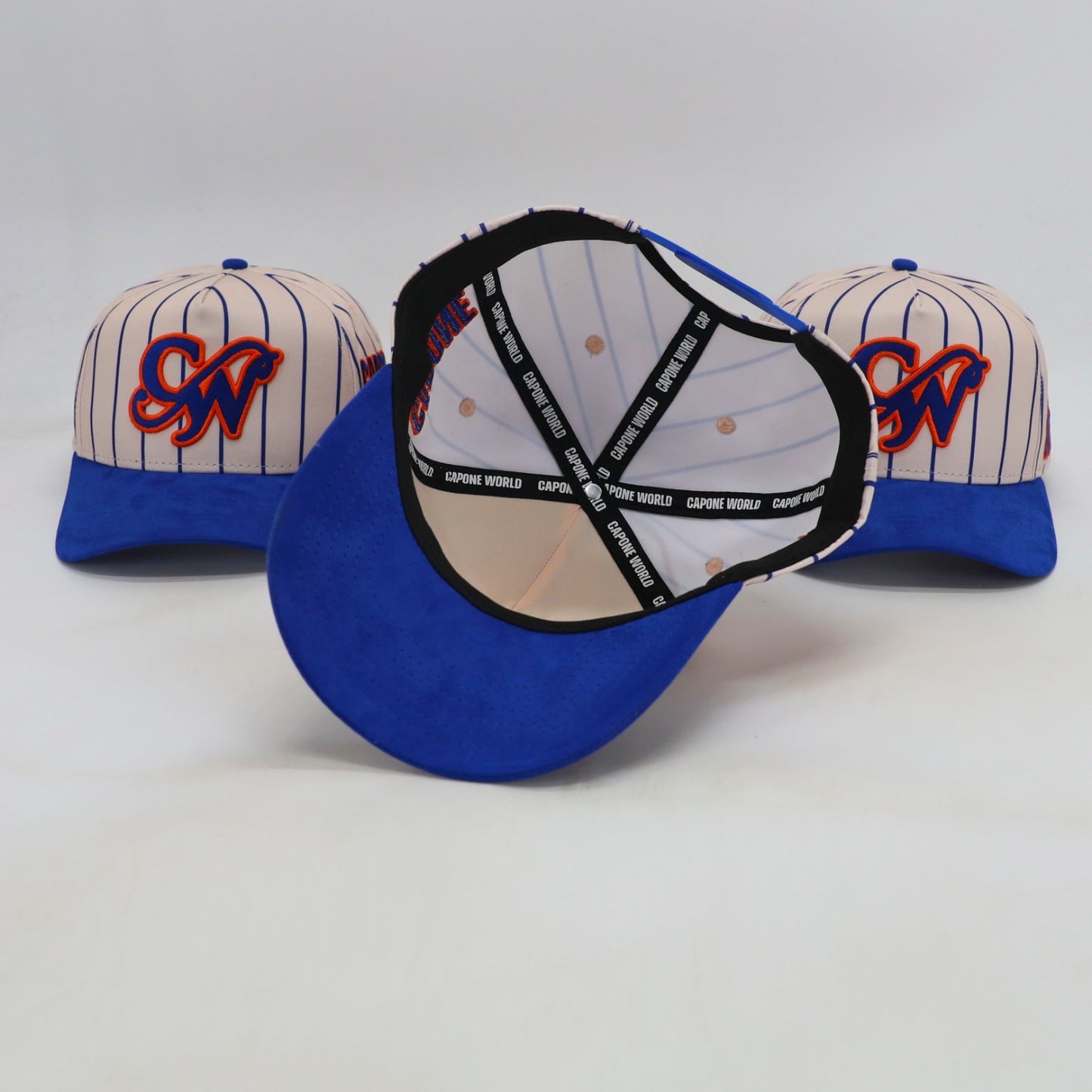 2 LAYER STONED TEAR DROP PINSTRIPE ROYAL BLUE & ORANGE “CAPONE WORLD” SNAPBACK A-FRAME