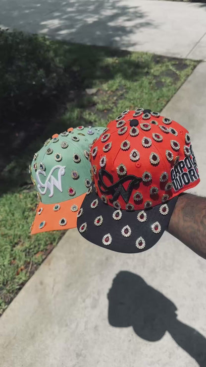 RED AND BLACK STONED "CAPONE WORLD" SNAPBACK A-FRAME
